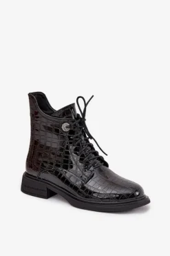 Damskie Boto Skórzane Lakierowane Botki Z Tłoczeniem Ocieplane Czarne Juviane