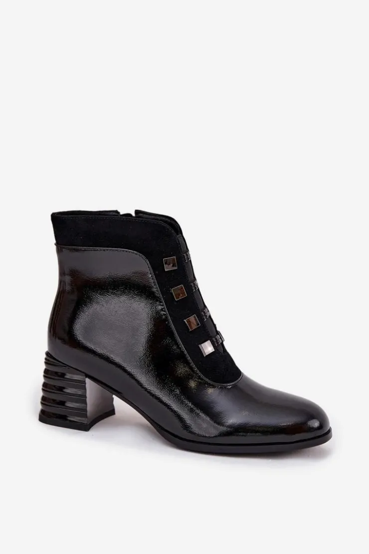 Online D&A Skórzane Lakierowane Botki Damskie Na Słupku MR52-144 Czarne