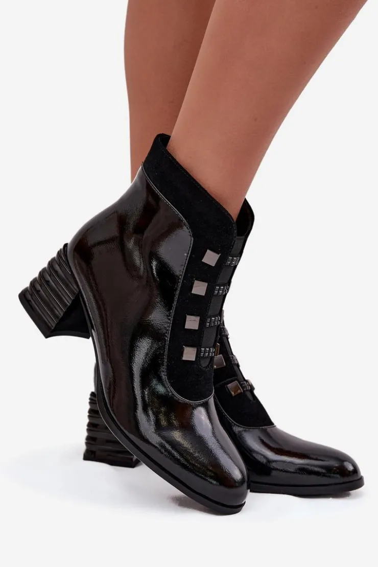 Online D&A Skórzane Lakierowane Botki Damskie Na Słupku MR52-144 Czarne