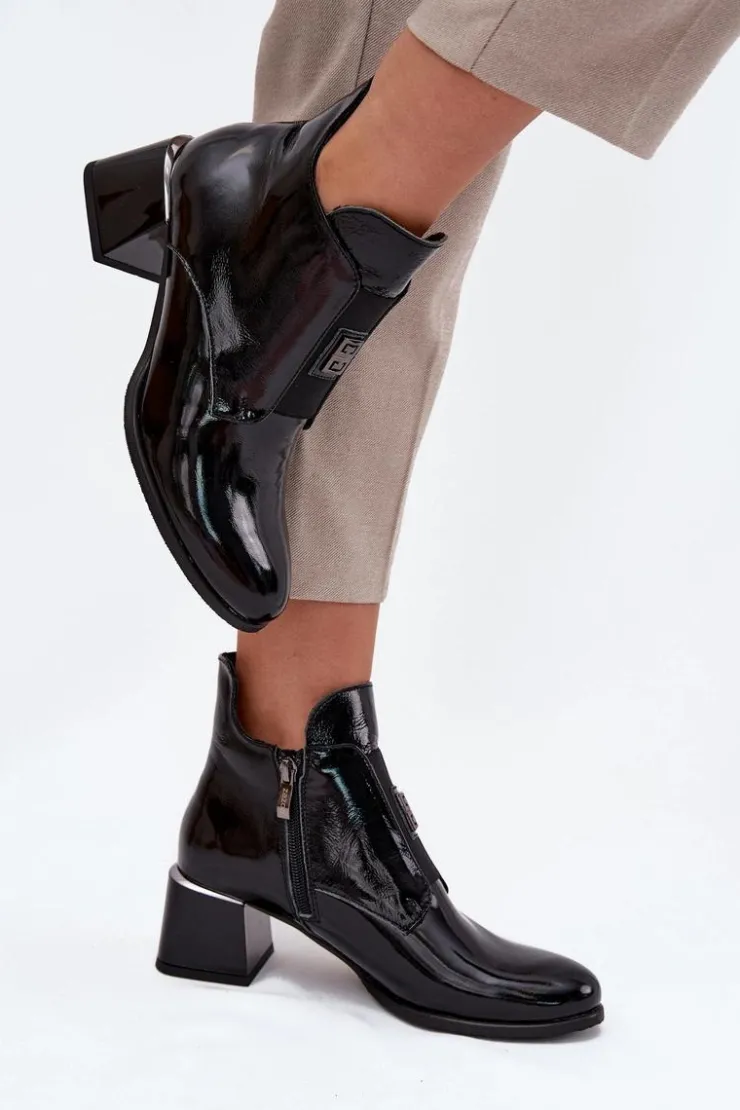 Sale Zazoo Skórzane Lakierowane Botki Na Klocku Z Ozdobnym Detalem Ocieplane 60560 Czarne Czarny