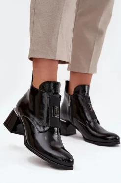 Sale Zazoo Skórzane Lakierowane Botki Na Klocku Z Ozdobnym Detalem Ocieplane 60560 Czarne Czarny