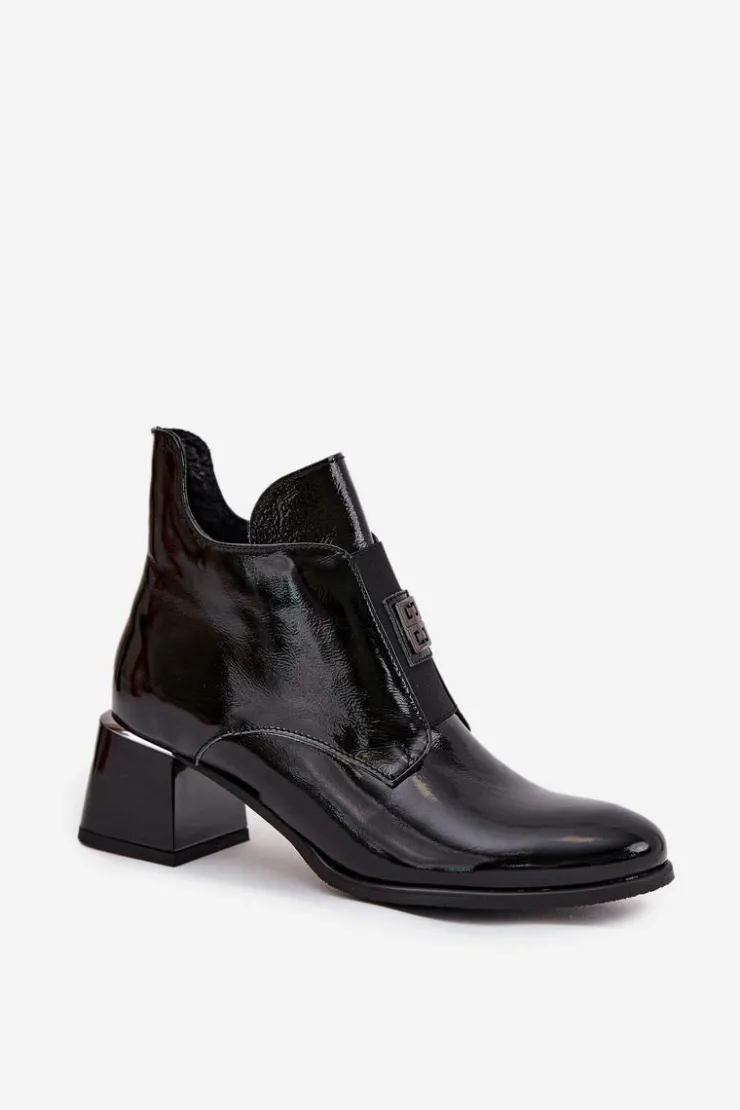 Sale Zazoo Skórzane Lakierowane Botki Na Klocku Z Ozdobnym Detalem Ocieplane 60560 Czarne Czarny