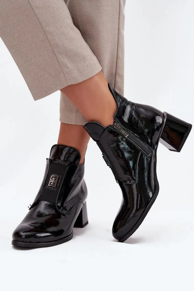 Sale Zazoo Skórzane Lakierowane Botki Na Klocku Z Ozdobnym Detalem Ocieplane 60560 Czarne Czarny