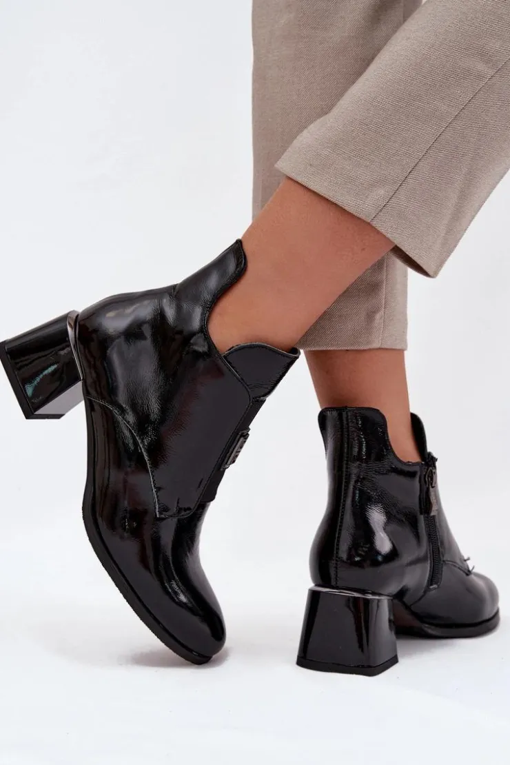 Sale Zazoo Skórzane Lakierowane Botki Na Klocku Z Ozdobnym Detalem Ocieplane 60560 Czarne Czarny