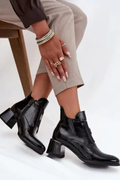 Sale Zazoo Skórzane Lakierowane Botki Na Klocku Z Ozdobnym Detalem Ocieplane 60560 Czarne Czarny