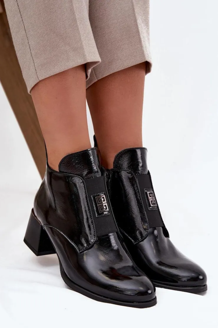 Sale Zazoo Skórzane Lakierowane Botki Na Klocku Z Ozdobnym Detalem Ocieplane 60560 Czarne Czarny