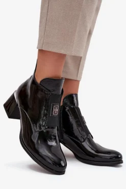 Sale Zazoo Skórzane Lakierowane Botki Na Klocku Z Ozdobnym Detalem Ocieplane 60560 Czarne Czarny
