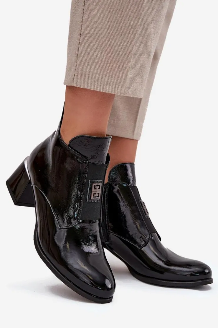 Sale Zazoo Skórzane Lakierowane Botki Na Klocku Z Ozdobnym Detalem Ocieplane 60560 Czarne Czarny