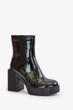 Damskie buty S.Barski Skórzane Lakierowane Botki Damskie Na Masywnym Słupku Ocieplane D&A CR42-189 Czarne