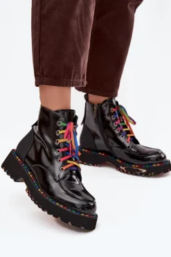 Artiker Botki Skórzane|Botki Sznurowane*Skórzane Lakierowane Botki Damskie 57C0064 Czarne