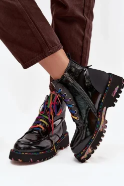 Artiker Botki Skórzane|Botki Sznurowane*Skórzane Lakierowane Botki Damskie 57C0064 Czarne