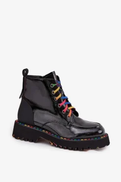 Artiker Botki Skórzane|Botki Sznurowane*Skórzane Lakierowane Botki Damskie 57C0064 Czarne