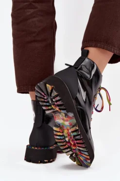 Artiker Botki Skórzane|Botki Sznurowane*Skórzane Lakierowane Botki Damskie 57C0064 Czarne