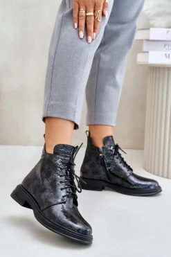 Damskie buty S.Barski Skórzane Lakierowane Botki Damskie Ocieplane Na Zamek D&A LZ42-042 Czarno-Szare Czarny