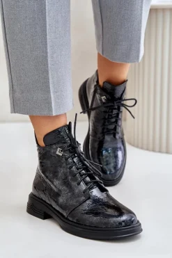 Damskie buty S.Barski Skórzane Lakierowane Botki Damskie Ocieplane Na Zamek D&A LZ42-042 Czarno-Szare Czarny