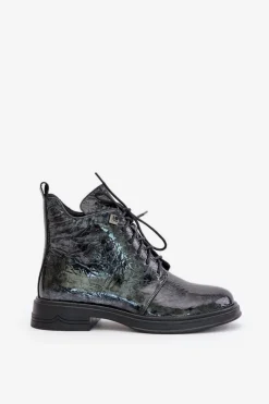 Damskie buty S.Barski Skórzane Lakierowane Botki Damskie Ocieplane Na Zamek D&A LZ42-042 Czarno-Szare Czarny