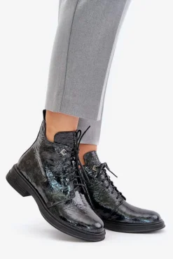 Damskie buty S.Barski Skórzane Lakierowane Botki Damskie Ocieplane Na Zamek D&A LZ42-042 Czarno-Szare Czarny