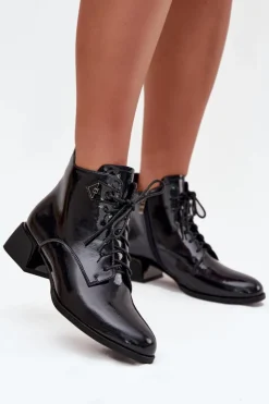 Artiker Botki Ocieplane|Botki Skórzane*Skórzane Lakierowane Botki Damskie Na Klocku 57C1117 Czarne