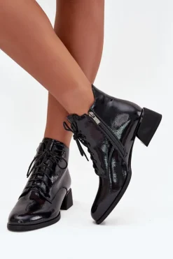 Artiker Botki Ocieplane|Botki Skórzane*Skórzane Lakierowane Botki Damskie Na Klocku 57C1117 Czarne