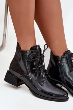 Artiker Botki Ocieplane|Botki Skórzane*Skórzane Lakierowane Botki Damskie Na Klocku 57C1117 Czarne