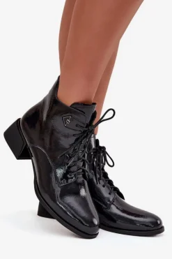 Artiker Botki Ocieplane|Botki Skórzane*Skórzane Lakierowane Botki Damskie Na Klocku 57C1117 Czarne