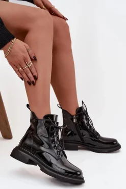 Boto Botki Ocieplane|Botki Sznurowane*Skórzane Lakierowane Botki Ocieplane Czarne Gisella