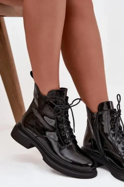 Boto Botki Ocieplane|Botki Sznurowane*Skórzane Lakierowane Botki Ocieplane Czarne Gisella