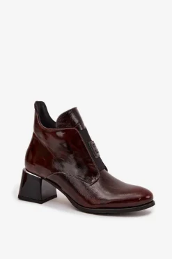 Hot Zazoo Skórzane Lakierowane Botki Na Klocku Z Ozdobnym Detalem Ocieplane 60560 Ciemnobrązowe Brązowy