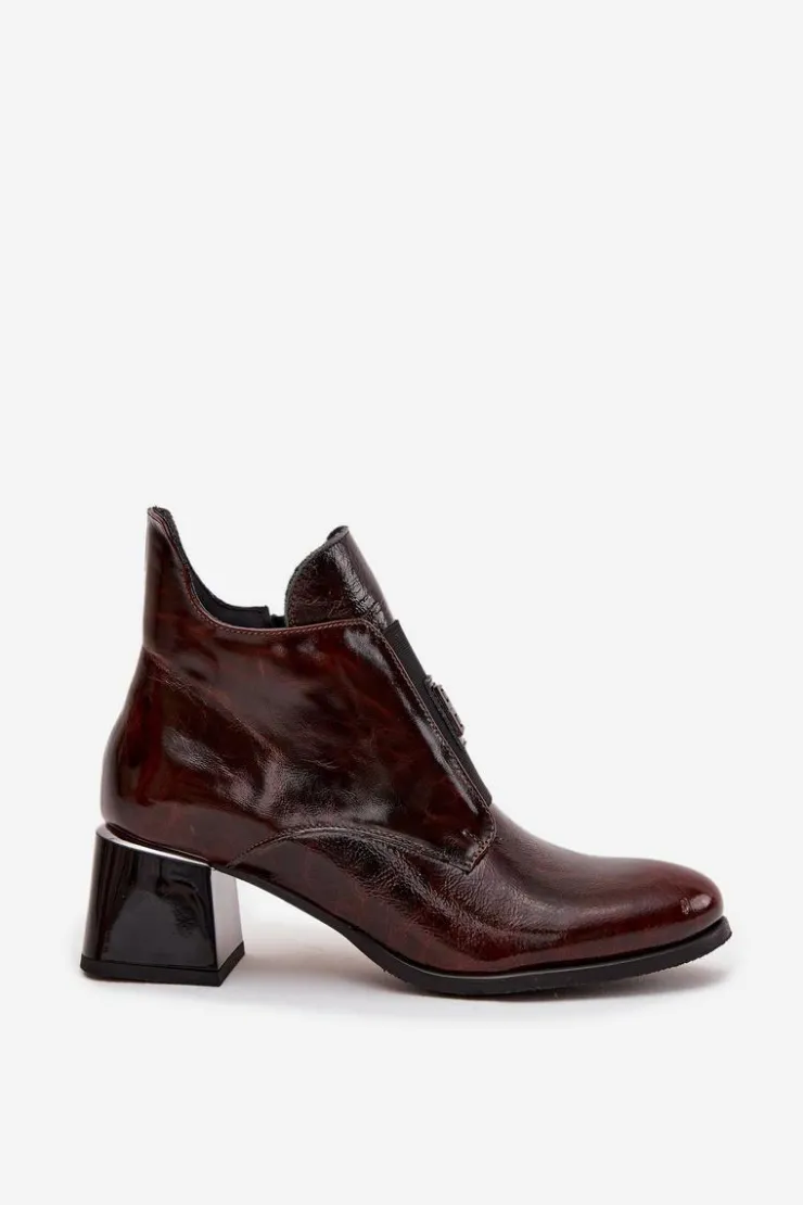 Hot Zazoo Skórzane Lakierowane Botki Na Klocku Z Ozdobnym Detalem Ocieplane 60560 Ciemnobrązowe Brązowy