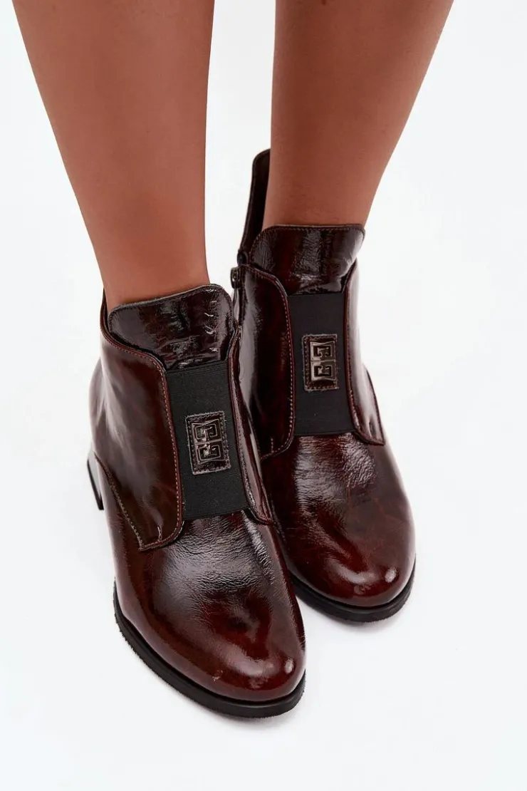 Hot Zazoo Skórzane Lakierowane Botki Na Klocku Z Ozdobnym Detalem Ocieplane 60560 Ciemnobrązowe Brązowy