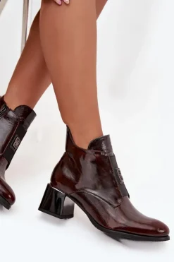 Hot Zazoo Skórzane Lakierowane Botki Na Klocku Z Ozdobnym Detalem Ocieplane 60560 Ciemnobrązowe Brązowy