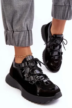 Zazoo Buty Sportowe Na Platformie|Sneakersy Damskie*Skórzane Lakierowane Buty Sportowe Damskie M01/2 Czarne Czarny