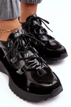 Zazoo Buty Sportowe Na Platformie|Sneakersy Damskie*Skórzane Lakierowane Buty Sportowe Damskie M01/2 Czarne Czarny