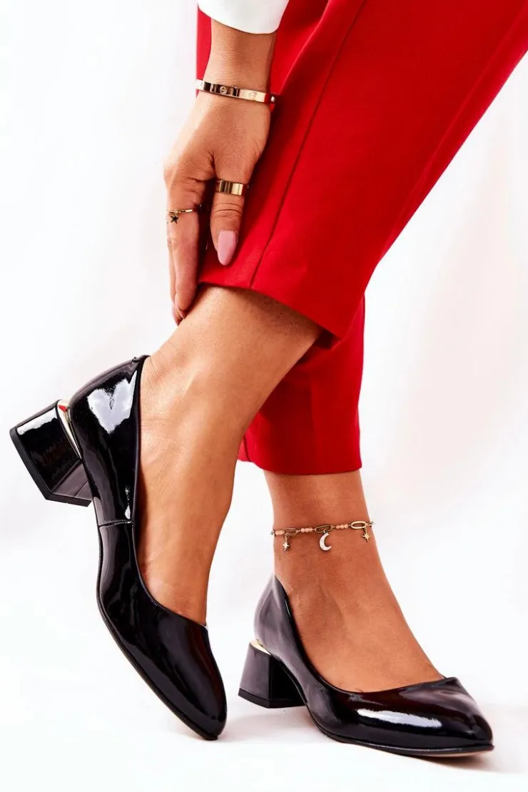 Damskie Boto Skórzane Lakierowane Czółenka Lewski 3118 Czarne