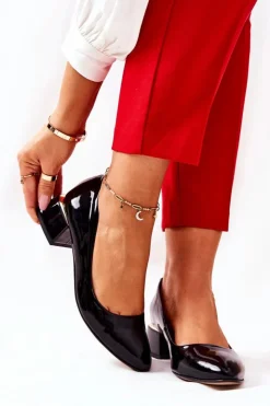 Damskie Boto Skórzane Lakierowane Czółenka Lewski 3118 Czarne