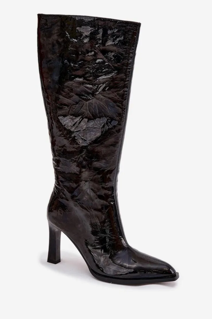 Online D&A Skórzane Lakierowane Kozaki Damskie Na Obcasie Ocieplane CR52-716 Czarne Czarny