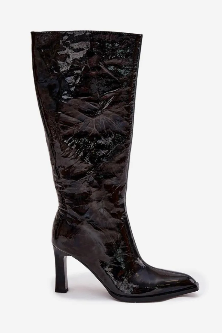 Online D&A Skórzane Lakierowane Kozaki Damskie Na Obcasie Ocieplane CR52-716 Czarne Czarny