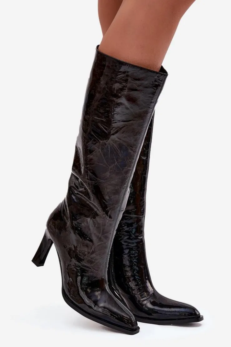 Online D&A Skórzane Lakierowane Kozaki Damskie Na Obcasie Ocieplane CR52-716 Czarne Czarny