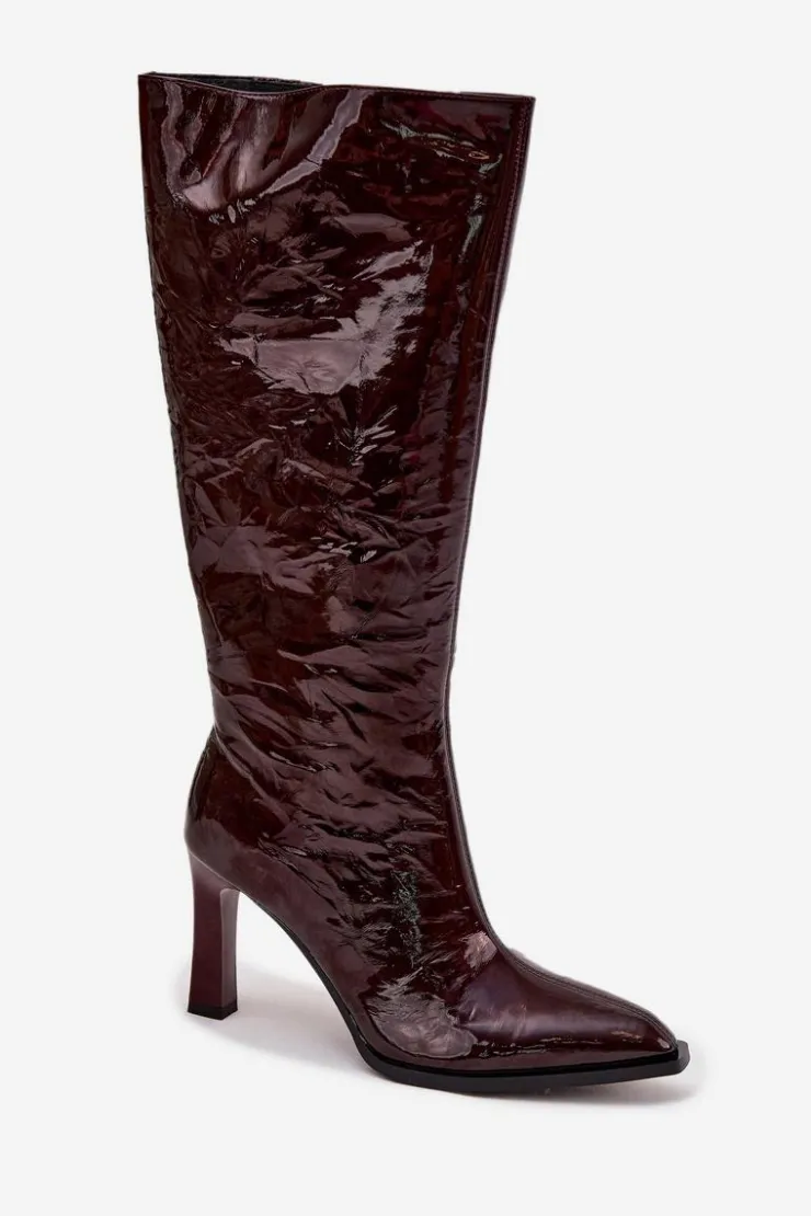 D&A Kozaki Ocieplane|Kozaki Na Słupku*Skórzane Lakierowane Kozaki Damskie Ocieplane CR52-716 Bordowe Czerwony