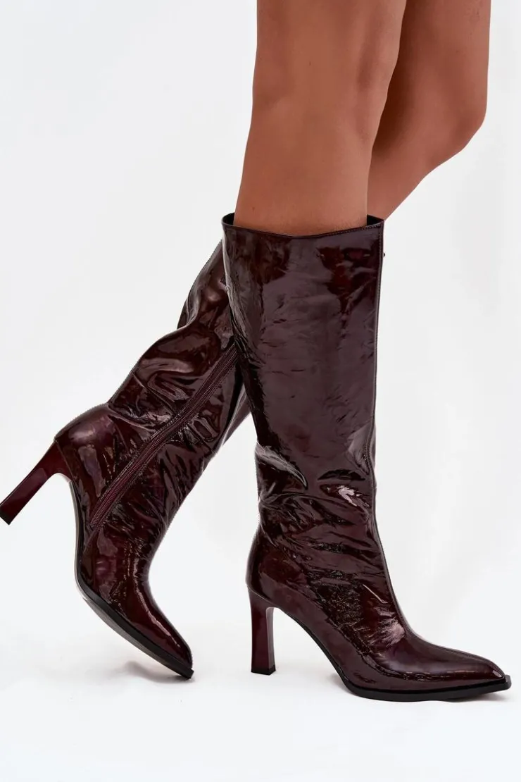 D&A Kozaki Ocieplane|Kozaki Na Słupku*Skórzane Lakierowane Kozaki Damskie Ocieplane CR52-716 Bordowe Czerwony