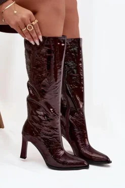 D&A Kozaki Ocieplane|Kozaki Na Słupku*Skórzane Lakierowane Kozaki Damskie Ocieplane CR52-716 Bordowe Czerwony