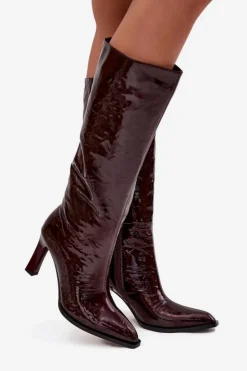 D&A Kozaki Ocieplane|Kozaki Na Słupku*Skórzane Lakierowane Kozaki Damskie Ocieplane CR52-716 Bordowe Czerwony