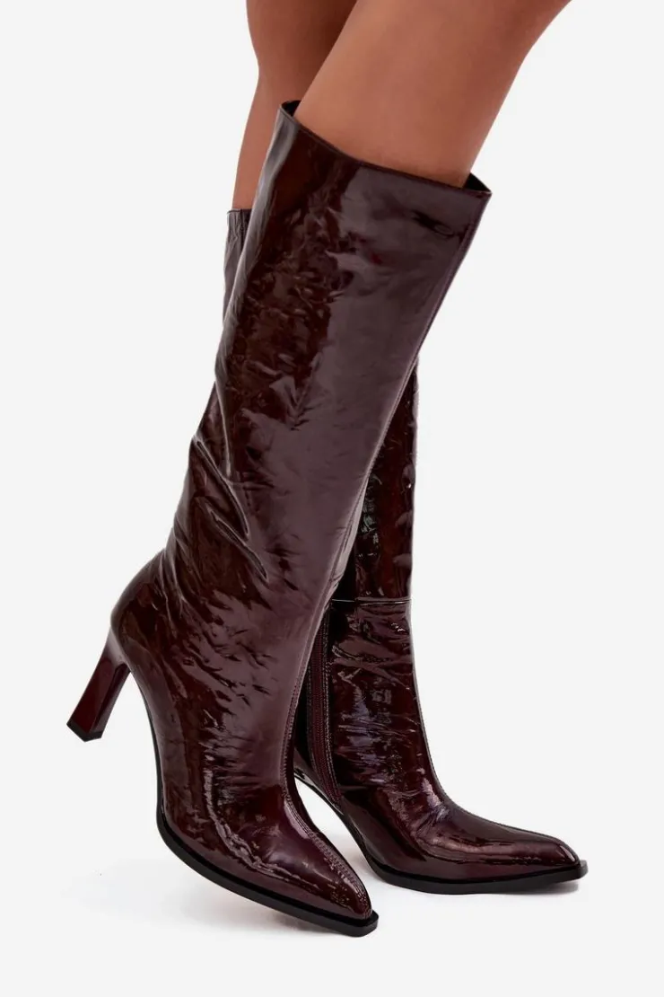 D&A Kozaki Ocieplane|Kozaki Na Słupku*Skórzane Lakierowane Kozaki Damskie Ocieplane CR52-716 Bordowe Czerwony