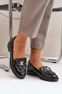 Hot Laura Messi Skórzane Lakierowane Mokasyny Ze Złotą Ozdobą 2927 Czarne