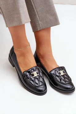 Hot Laura Messi Skórzane Lakierowane Mokasyny Ze Złotą Ozdobą 2927 Czarne