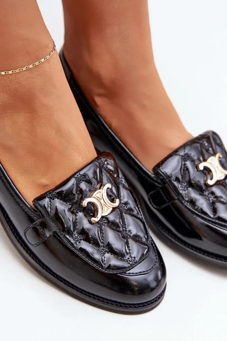 Hot Laura Messi Skórzane Lakierowane Mokasyny Ze Złotą Ozdobą 2927 Czarne