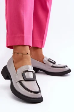 Outlet Buty damskie Vinceza Skórzane Lakierowane Mokasyny Damskie Szare Fidodia