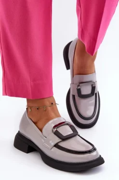 Outlet Buty damskie Vinceza Skórzane Lakierowane Mokasyny Damskie Szare Fidodia