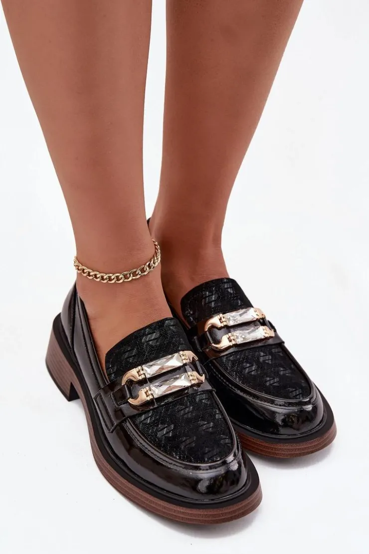 D&A Loafersy Damskie|Mokasyny Damskie Skórzane*Skórzane Lakierowane Mokasyny Damskie Z Ozdobnym Detalem MR52-173 Czarne
