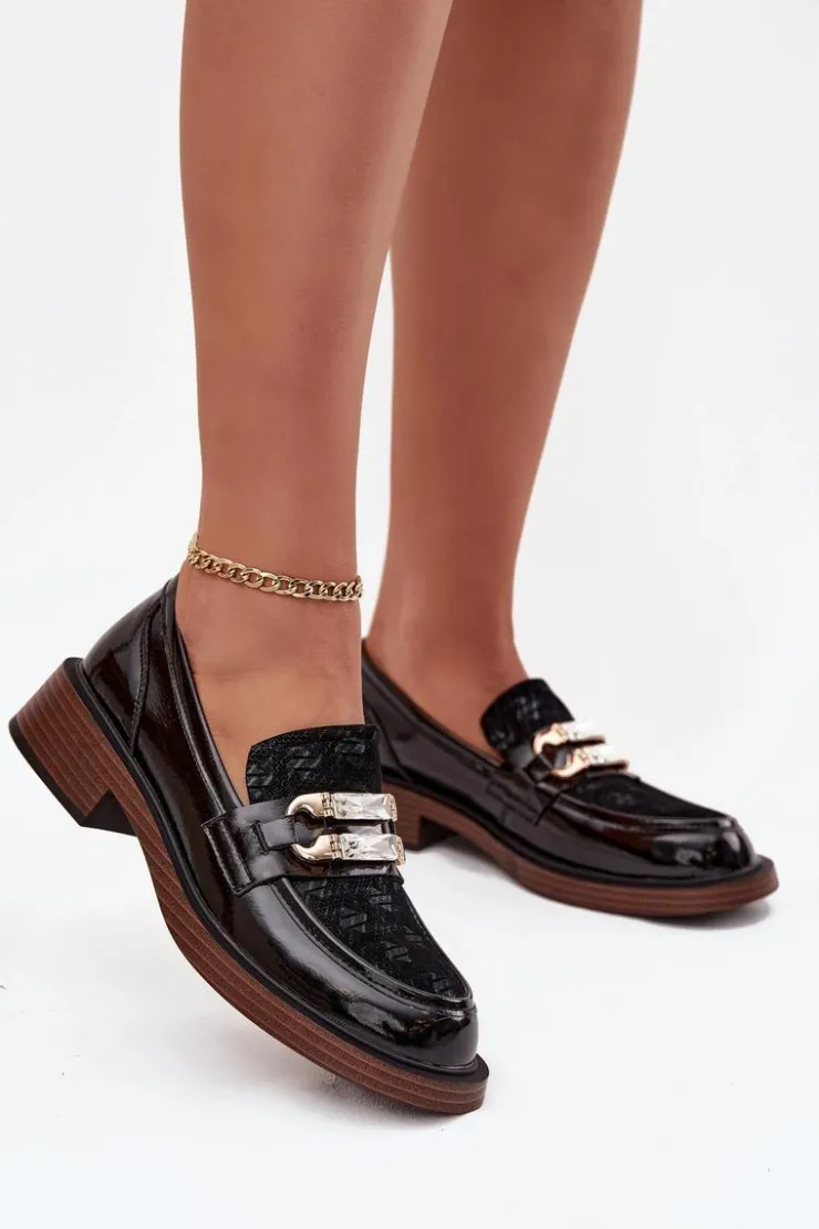 D&A Loafersy Damskie|Mokasyny Damskie Skórzane*Skórzane Lakierowane Mokasyny Damskie Z Ozdobnym Detalem MR52-173 Czarne